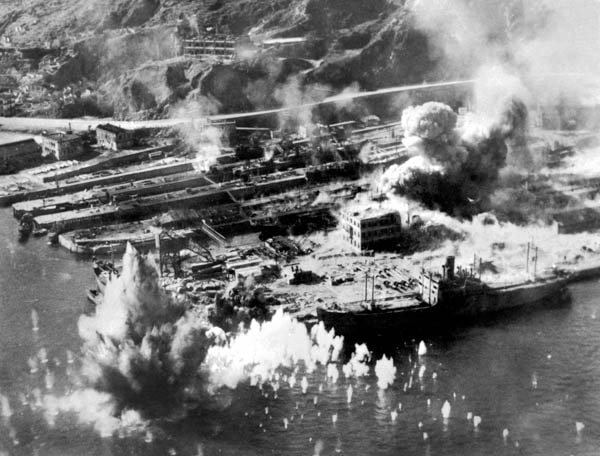 Plate 3: Taikoo dockyard under attack, January 1945.