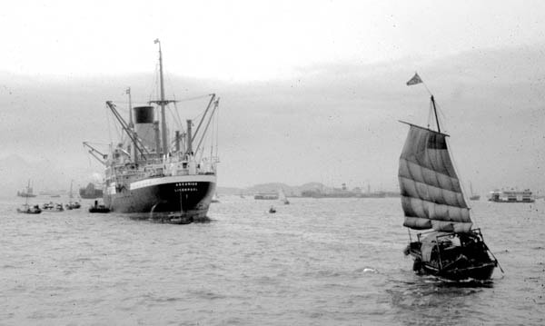 A junk and the motor vessel Ascanius Liverpool, 1956 – a big contrast during the period of industrialisation